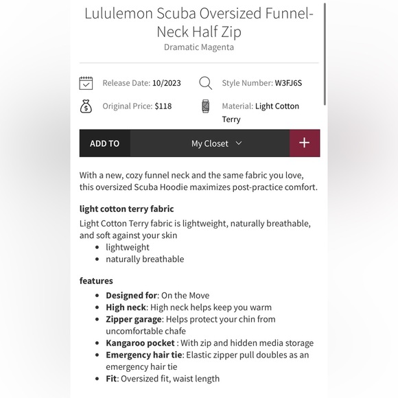 Lululemon NWT Scuba Oversized Funnel Neck Half Zip Dramatic Magenta Size M L - Picture 6 of 11